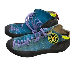 Boreal Women 5.5 Teal Suede Rock Climbing Shoes Purple Lace Up Neon Accents